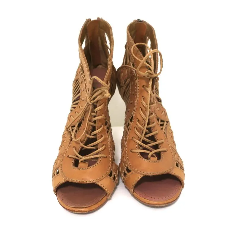 Alaia Schnürbare Peep-Toe-Stiefeletten Kamel Leder Größe 37 High Heel Knöchelstiefel