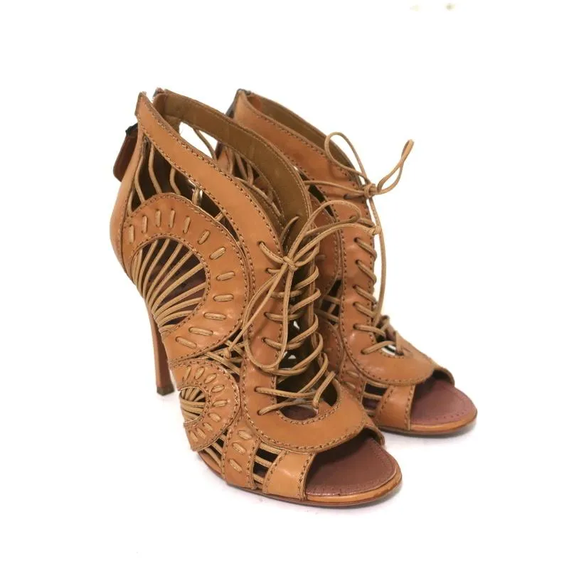 Alaia Schnürbare Peep-Toe-Stiefeletten Kamel Leder Größe 37 High Heel Knöchelstiefel