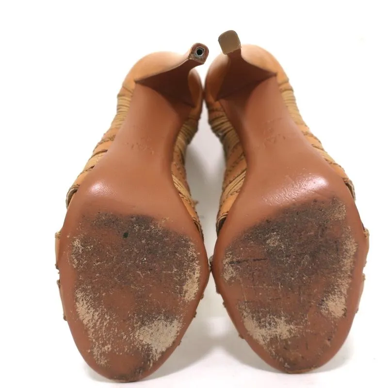 Alaia Schnürbare Peep-Toe-Stiefeletten Kamel Leder Größe 37 High Heel Knöchelstiefel