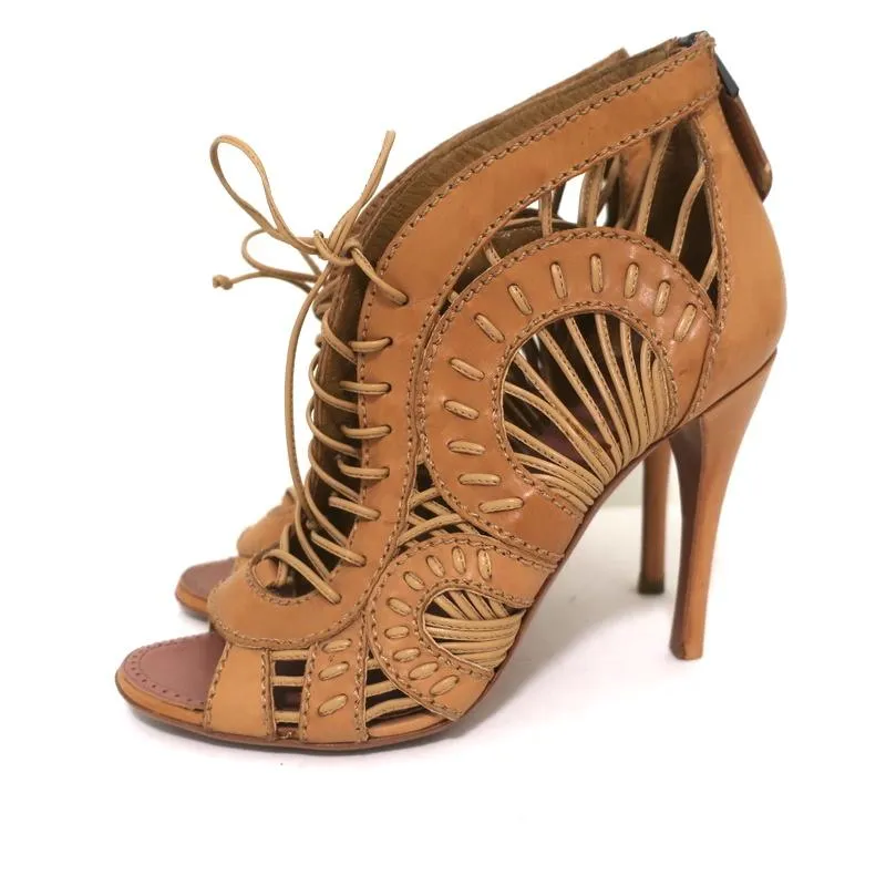 Alaia Schnürbare Peep-Toe-Stiefeletten Kamel Leder Größe 37 High Heel Knöchelstiefel