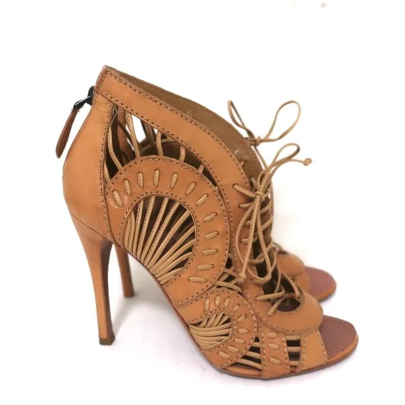 Alaia Schnürbare Peep-Toe-Stiefeletten Kamel Leder Größe 37 High Heel Knöchelstiefel