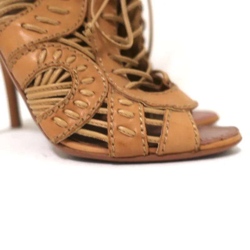 Alaia Schnürbare Peep-Toe-Stiefeletten Kamel Leder Größe 37 High Heel Knöchelstiefel