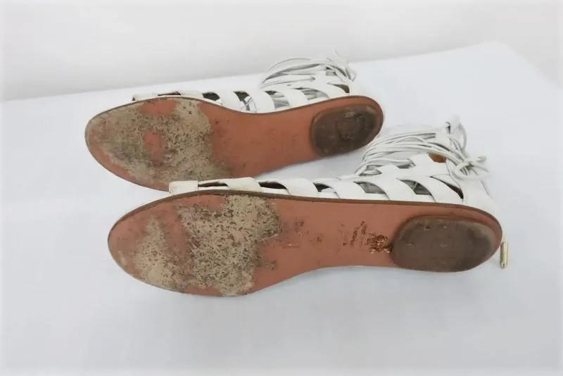 Aquazzura Amazon Gladiatoren-Sandalen Weißes Leder Größe 37.5 Schnürung Flache Schuhe