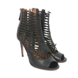 Aquazzura Cage Stiefel Venus Schwarz Geflochtenes Leder Größe 39 Offene Zehen Knöchelstiefel