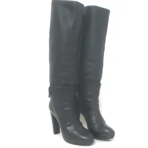 Balenciaga Kniehohe Plateau-Stiefel mit Schnallen-Detail in schwarzem genarbtem Leder Größe 38
