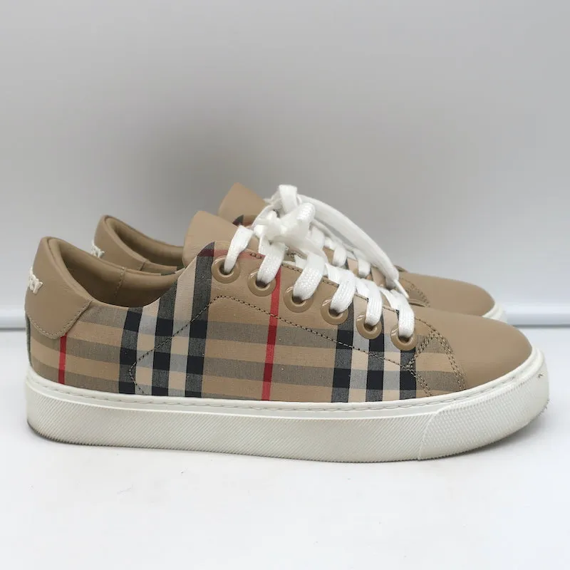 Burberry Vintage Check und Leder Low-Top Sneakers Archiv Beige Größe 35.5