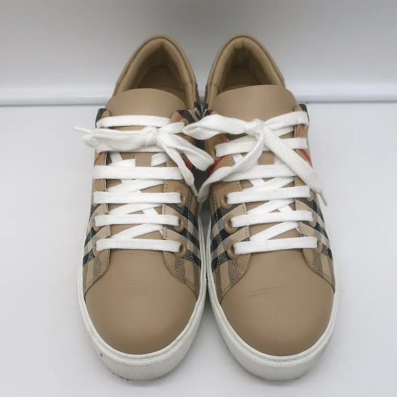 Burberry Vintage Check und Leder Low-Top Sneakers Archiv Beige Größe 35.5