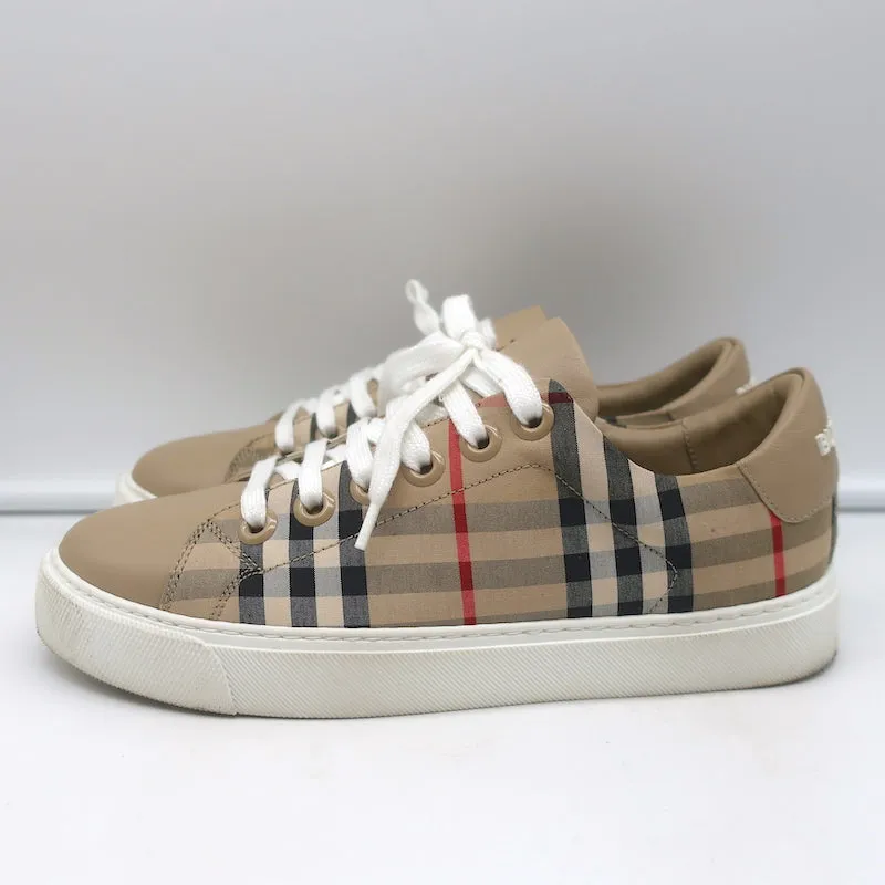 Burberry Vintage Check und Leder Low-Top Sneakers Archiv Beige Größe 35.5