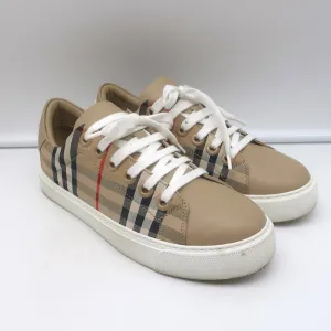 Burberry Vintage Check und Leder Low-Top Sneakers Archiv Beige Größe 35.5