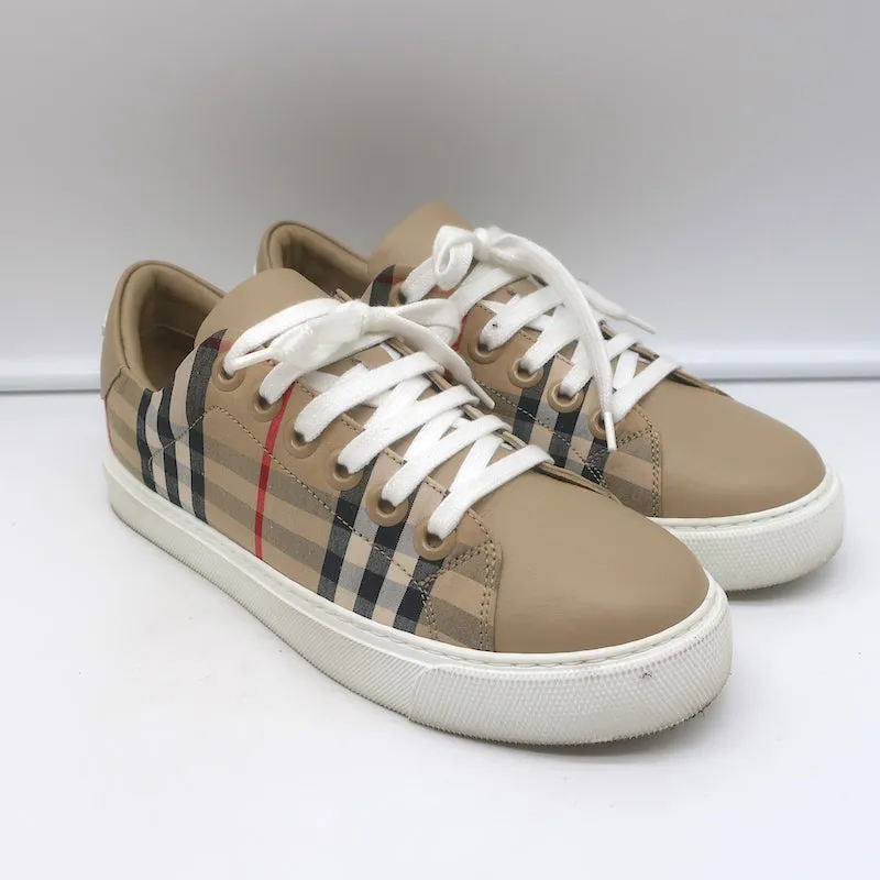 Burberry Vintage Check und Leder Low-Top Sneakers Archiv Beige Größe 35.5