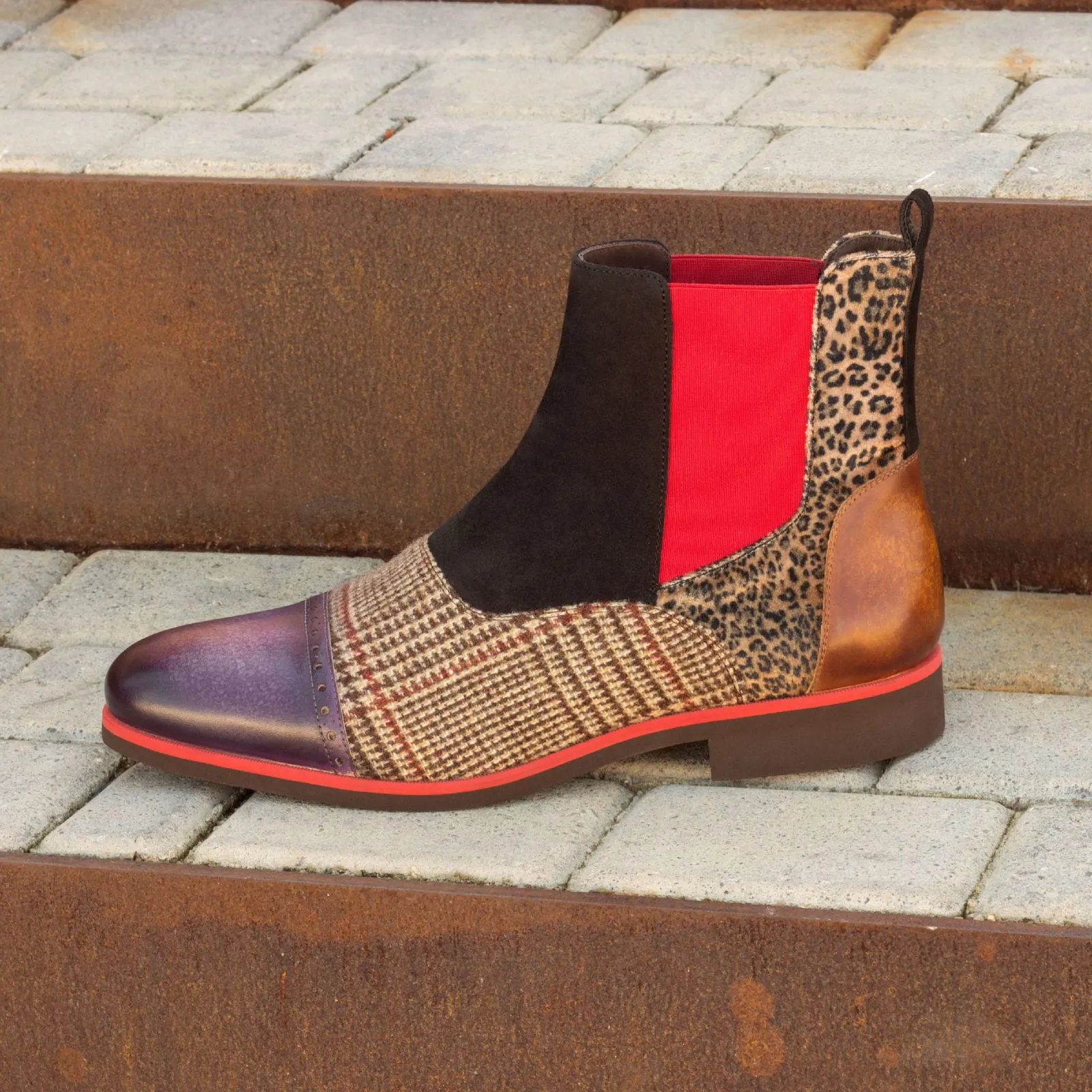Dapperfam Schuhe DapperFam Vesuvio in Tweed / Leopard / Schwarz Herren Maßschuh & Luxus Wildleder & Handbemalte Patina Chelsea Multi-Stiefel