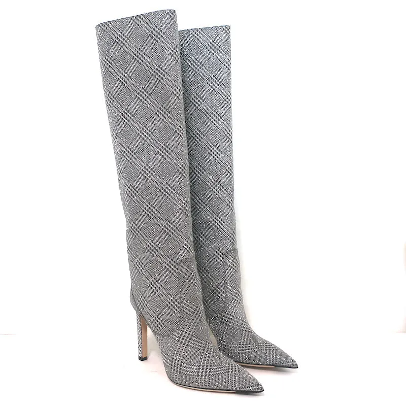 Jimmy Choo Mavis 100 Glitzer-Stiefel Hoch Silber Prince Of Wales Check Größe 38.5