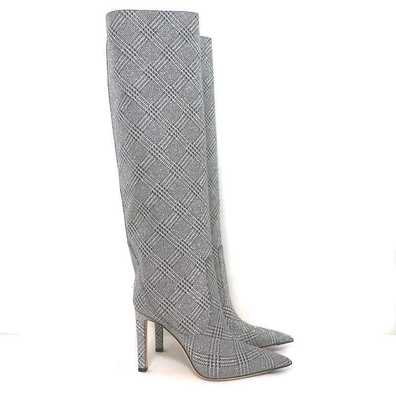 Jimmy Choo Mavis 100 Glitzer-Stiefel Hoch Silber Prince Of Wales Check Größe 38.5