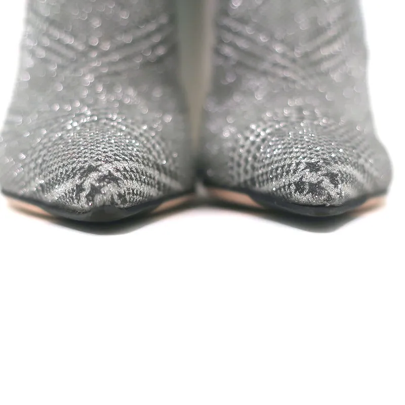 Jimmy Choo Mavis 100 Glitzer-Stiefel Hoch Silber Prince Of Wales Check Größe 38.5