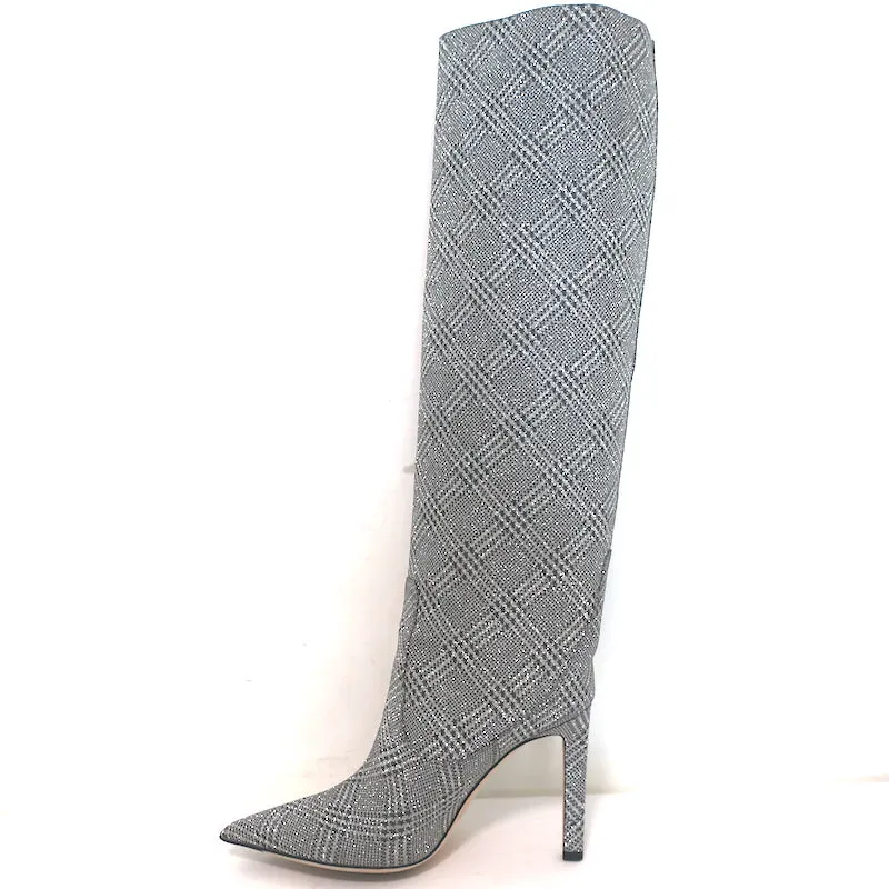 Jimmy Choo Mavis 100 Glitzer-Stiefel Hoch Silber Prince Of Wales Check Größe 38.5
