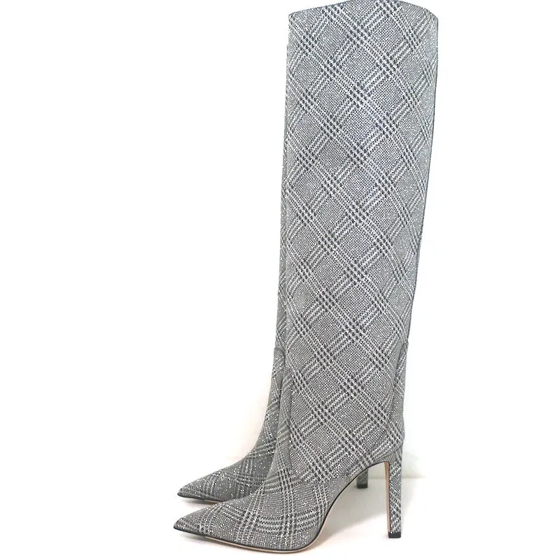 Jimmy Choo Mavis 100 Glitzer-Stiefel Hoch Silber Prince Of Wales Check Größe 38.5
