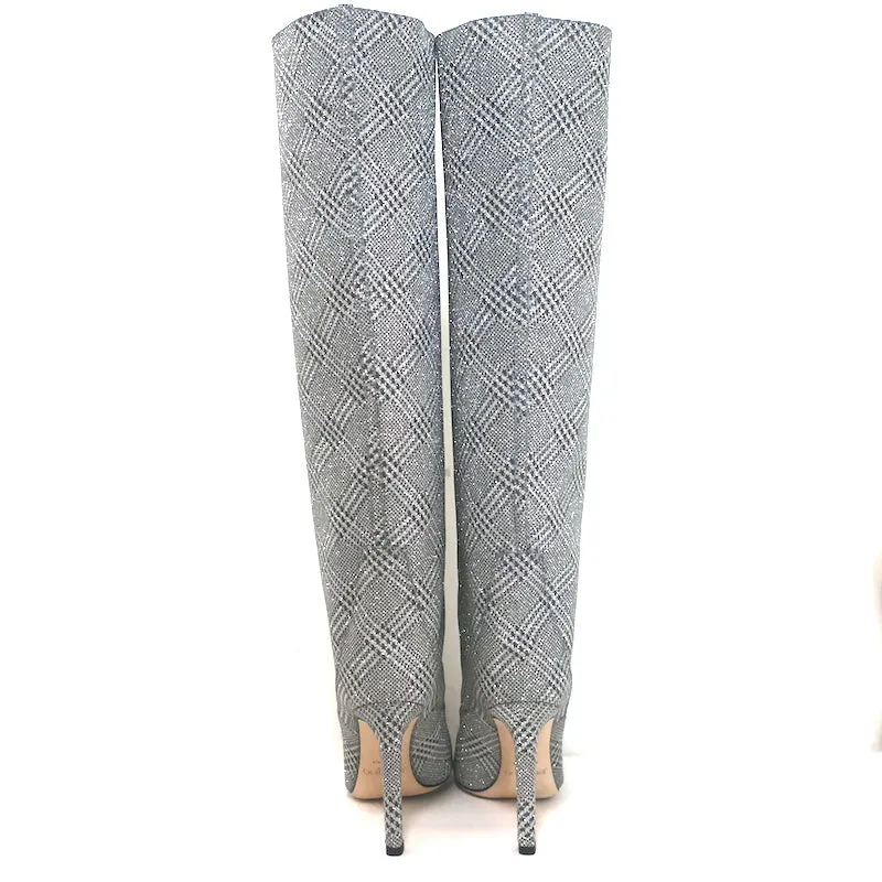Jimmy Choo Mavis 100 Glitzer-Stiefel Hoch Silber Prince Of Wales Check Größe 38.5
