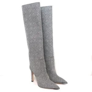 Jimmy Choo Mavis 100 Glitzer-Stiefel Hoch Silber Prince Of Wales Check Größe 38.5