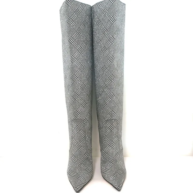 Jimmy Choo Mavis 100 Glitzer-Stiefel Hoch Silber Prince Of Wales Check Größe 38.5