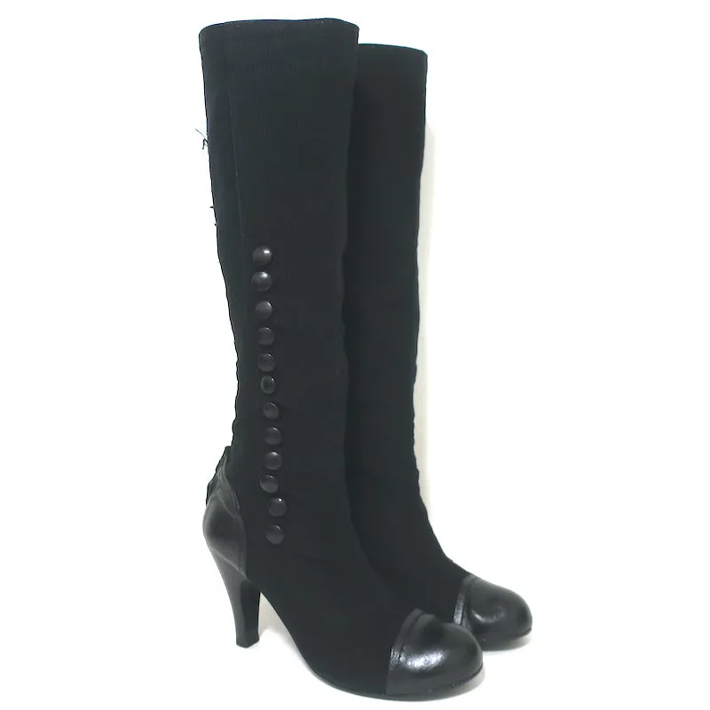 Lanvin Cap Toe Knöpfbare Kniestiefel Schwarz Cord & Leder Größe 39