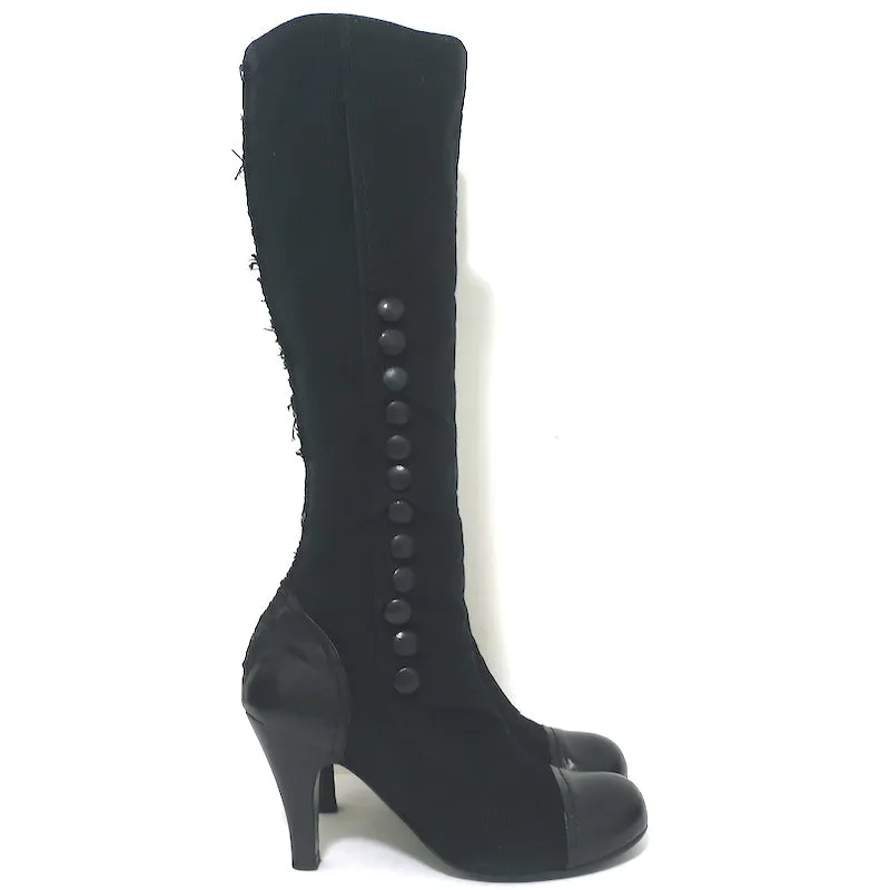Lanvin Cap Toe Knöpfbare Kniestiefel Schwarz Cord & Leder Größe 39