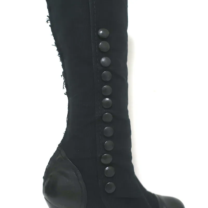 Lanvin Cap Toe Knöpfbare Kniestiefel Schwarz Cord & Leder Größe 39