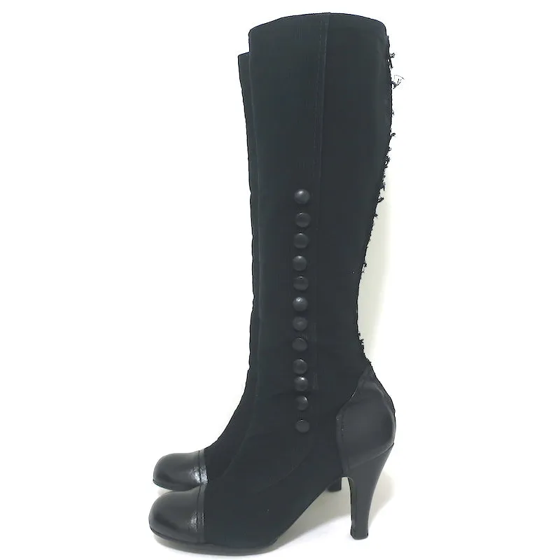 Lanvin Cap Toe Knöpfbare Kniestiefel Schwarz Cord & Leder Größe 39