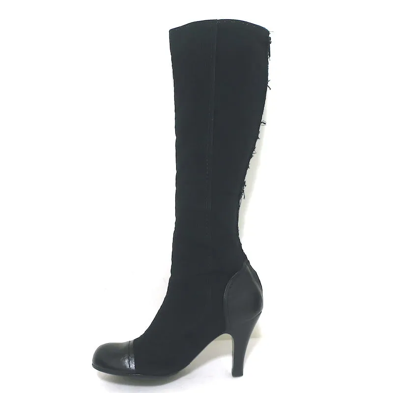 Lanvin Cap Toe Knöpfbare Kniestiefel Schwarz Cord & Leder Größe 39