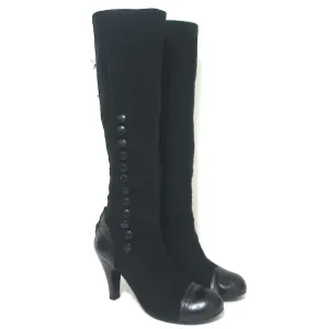Lanvin Cap Toe Knöpfbare Kniestiefel Schwarz Cord & Leder Größe 39