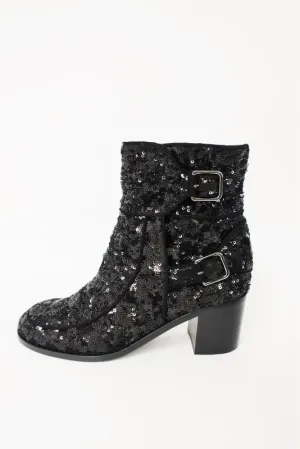 Laurence Dacade Babacar Sequin Stiefel Schwarz Größe 38,5 Doppelschnalle Mittlere Absatz NEU