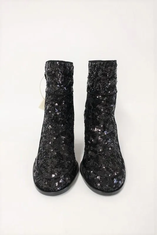 Laurence Dacade Babacar Sequin Stiefel Schwarz Größe 38,5 Doppelschnalle Mittlere Absatz NEU