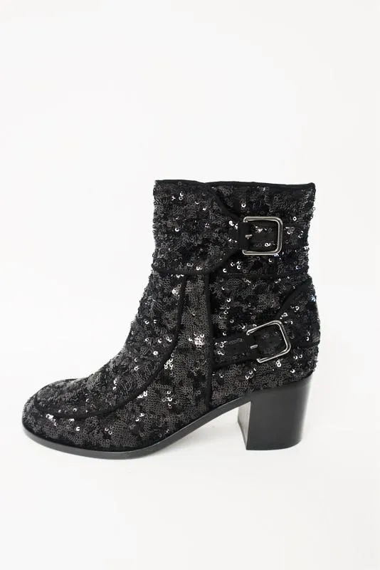 Laurence Dacade Babacar Sequin Stiefel Schwarz Größe 38,5 Doppelschnalle Mittlere Absatz NEU