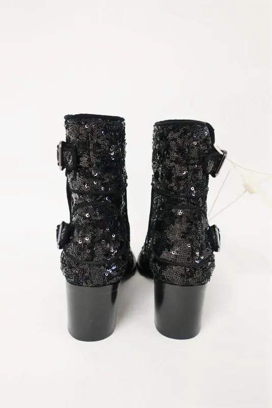 Laurence Dacade Babacar Sequin Stiefel Schwarz Größe 38,5 Doppelschnalle Mittlere Absatz NEU