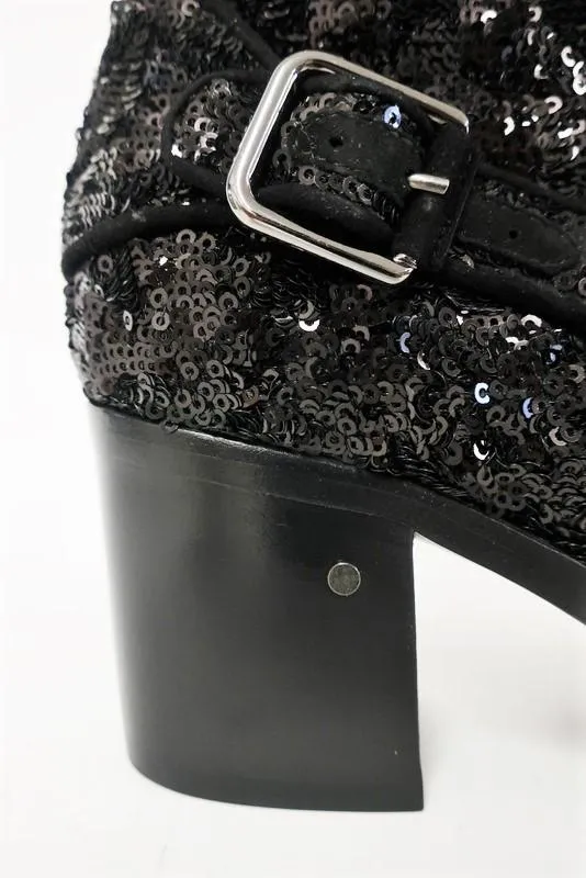 Laurence Dacade Babacar Sequin Stiefel Schwarz Größe 38,5 Doppelschnalle Mittlere Absatz NEU