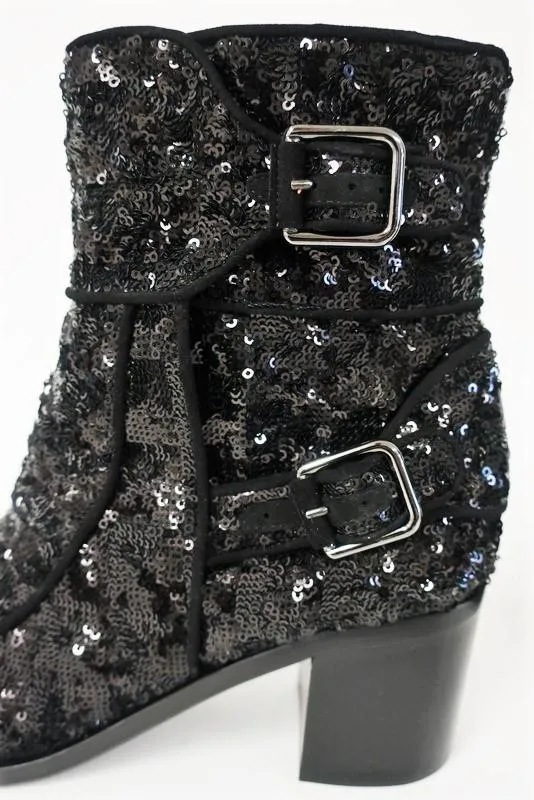 Laurence Dacade Babacar Sequin Stiefel Schwarz Größe 38,5 Doppelschnalle Mittlere Absatz NEU