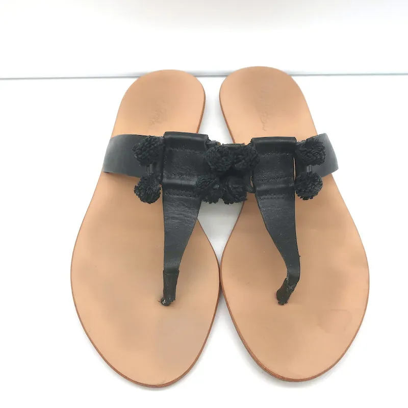 Loeffler Randall Pom Pom Tanga Sandalen Sosie Schwarz Leder Größe 7.5
