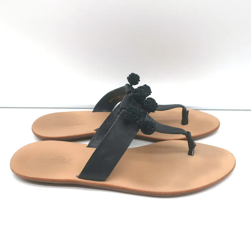 Loeffler Randall Pom Pom Tanga Sandalen Sosie Schwarz Leder Größe 7.5