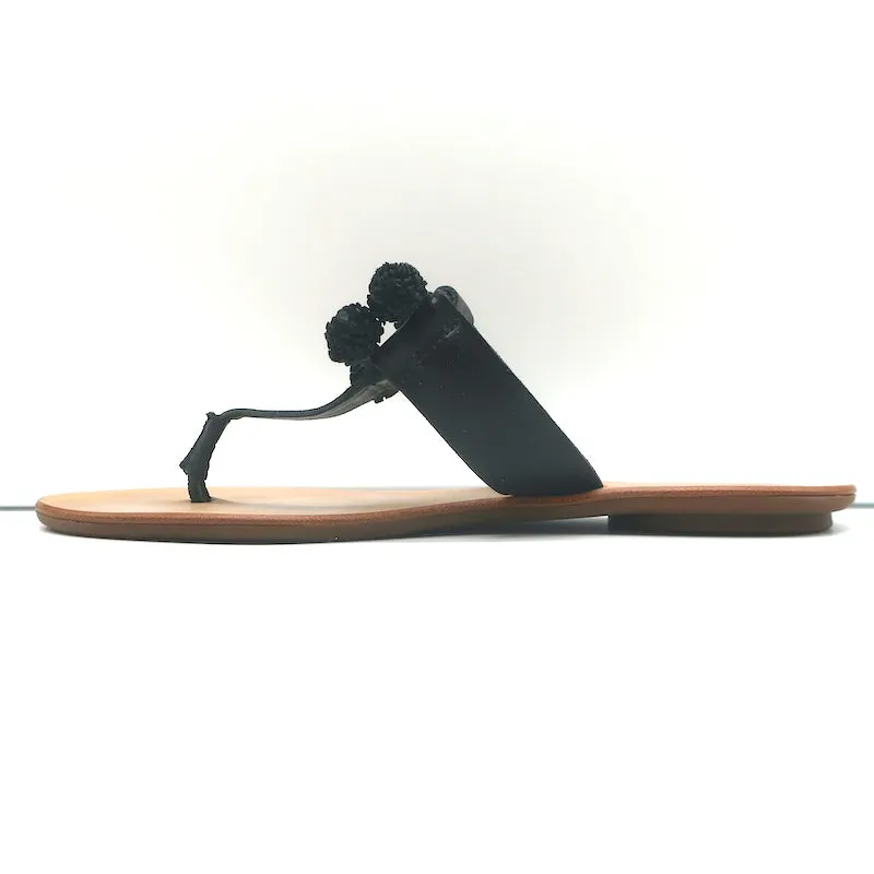 Loeffler Randall Pom Pom Tanga Sandalen Sosie Schwarz Leder Größe 7.5
