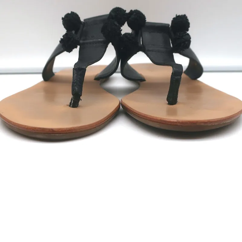 Loeffler Randall Pom Pom Tanga Sandalen Sosie Schwarz Leder Größe 7.5