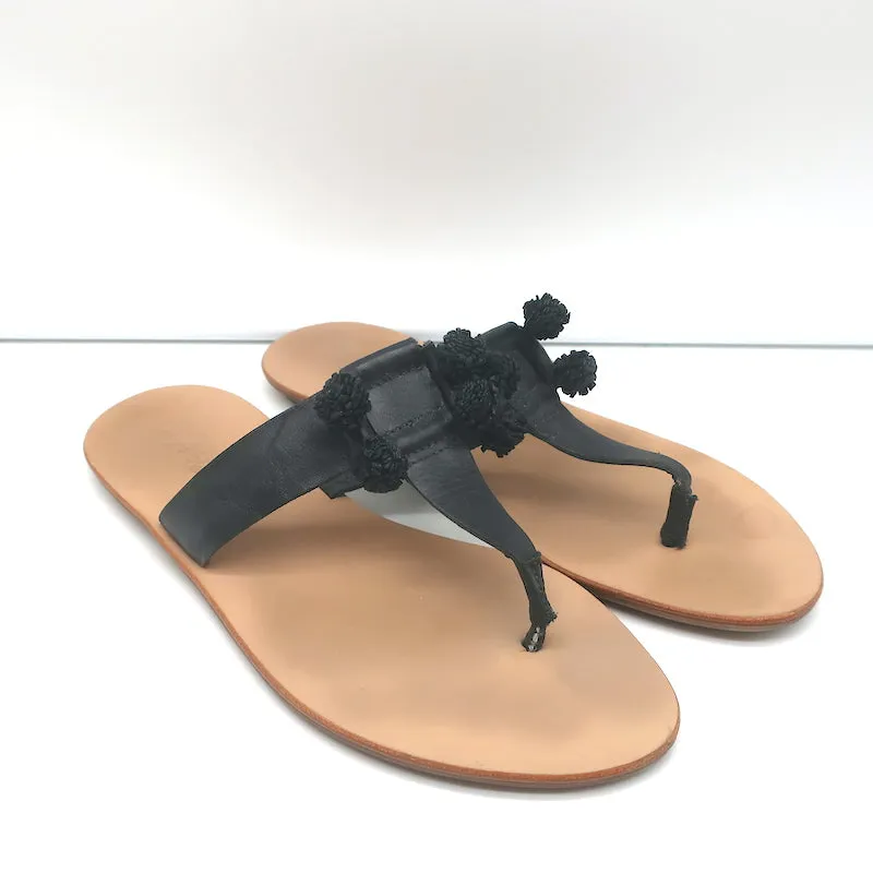 Loeffler Randall Pom Pom Tanga Sandalen Sosie Schwarz Leder Größe 7.5