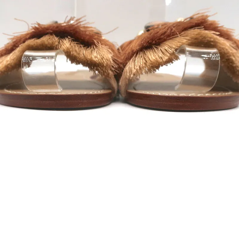 Mystique Muschel-verziertes Fransen-Slide-Sandalen Beige Wildleder Größe 7 NEU