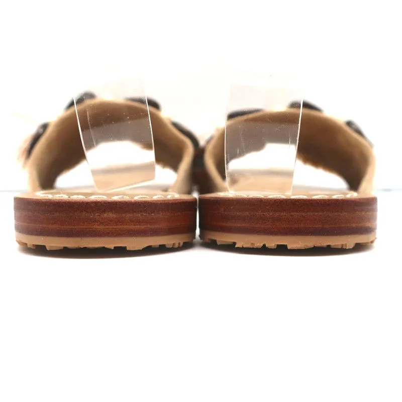Mystique Muschel-verziertes Fransen-Slide-Sandalen Beige Wildleder Größe 7 NEU