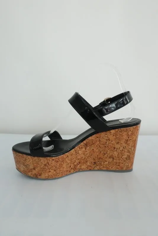 Sergio Rossi Lackleder Keilabsatz-Sandalen mit Korkplattform Größe 40